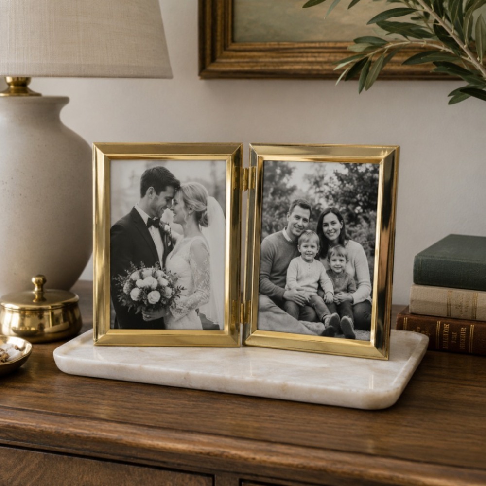 Vintage Brass Double Hinged Picture Frame 5x7 Folding Photo Gold Desk Decor